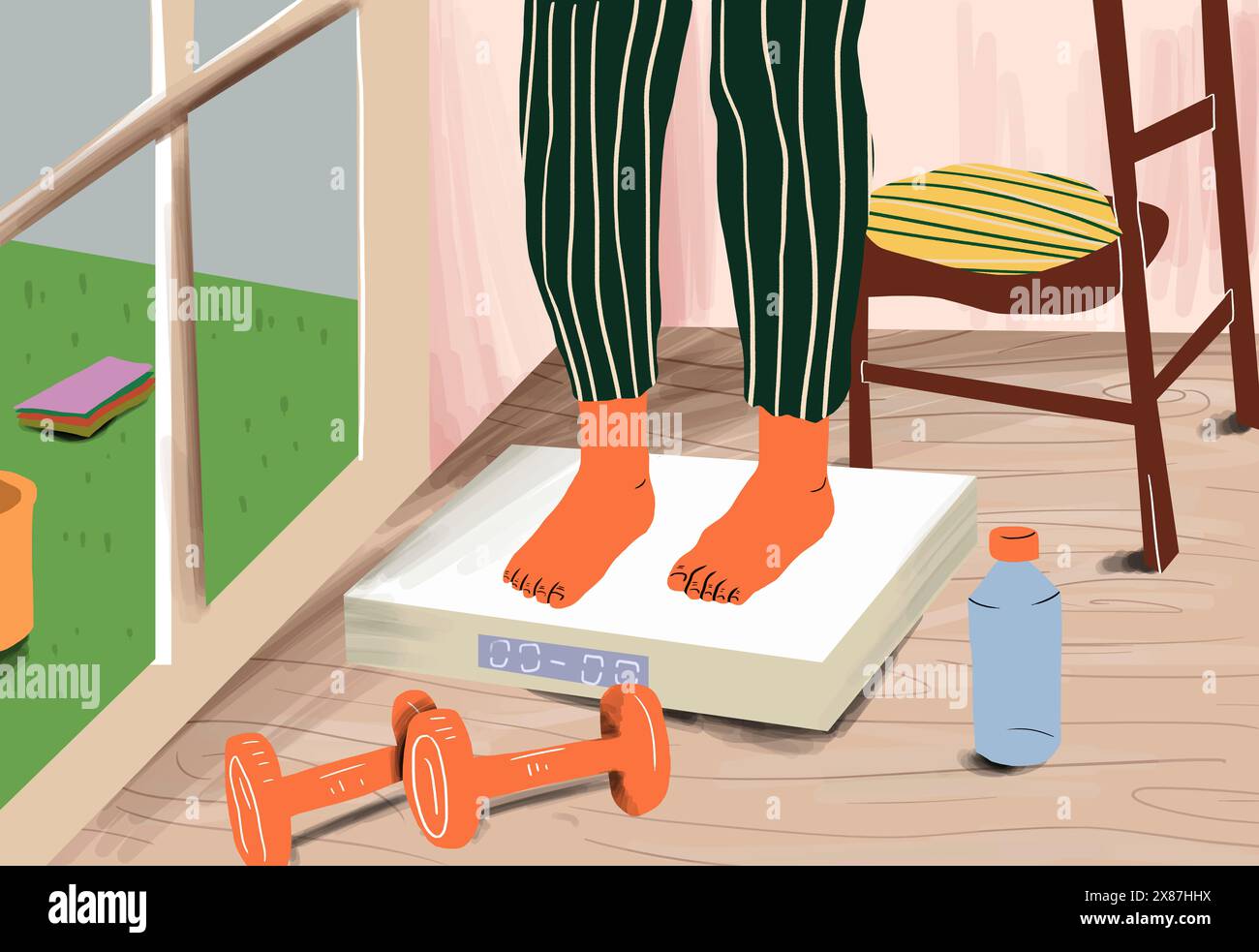 Donna in piedi sulla bilancia di casa accanto a una finestra Foto Stock