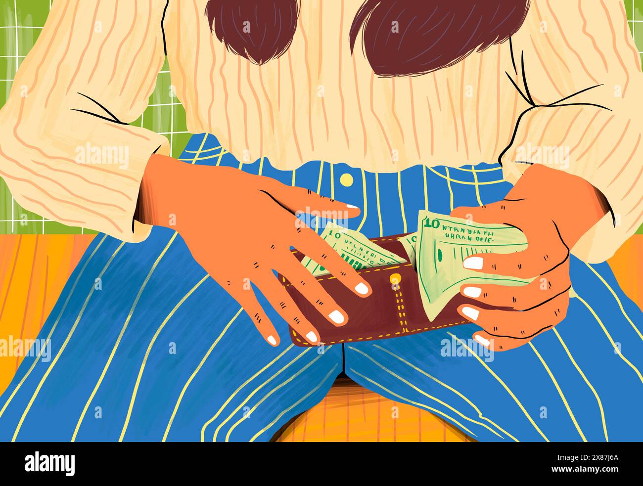 Mani di donna che tiene il portafoglio con la valuta cartacea Foto Stock