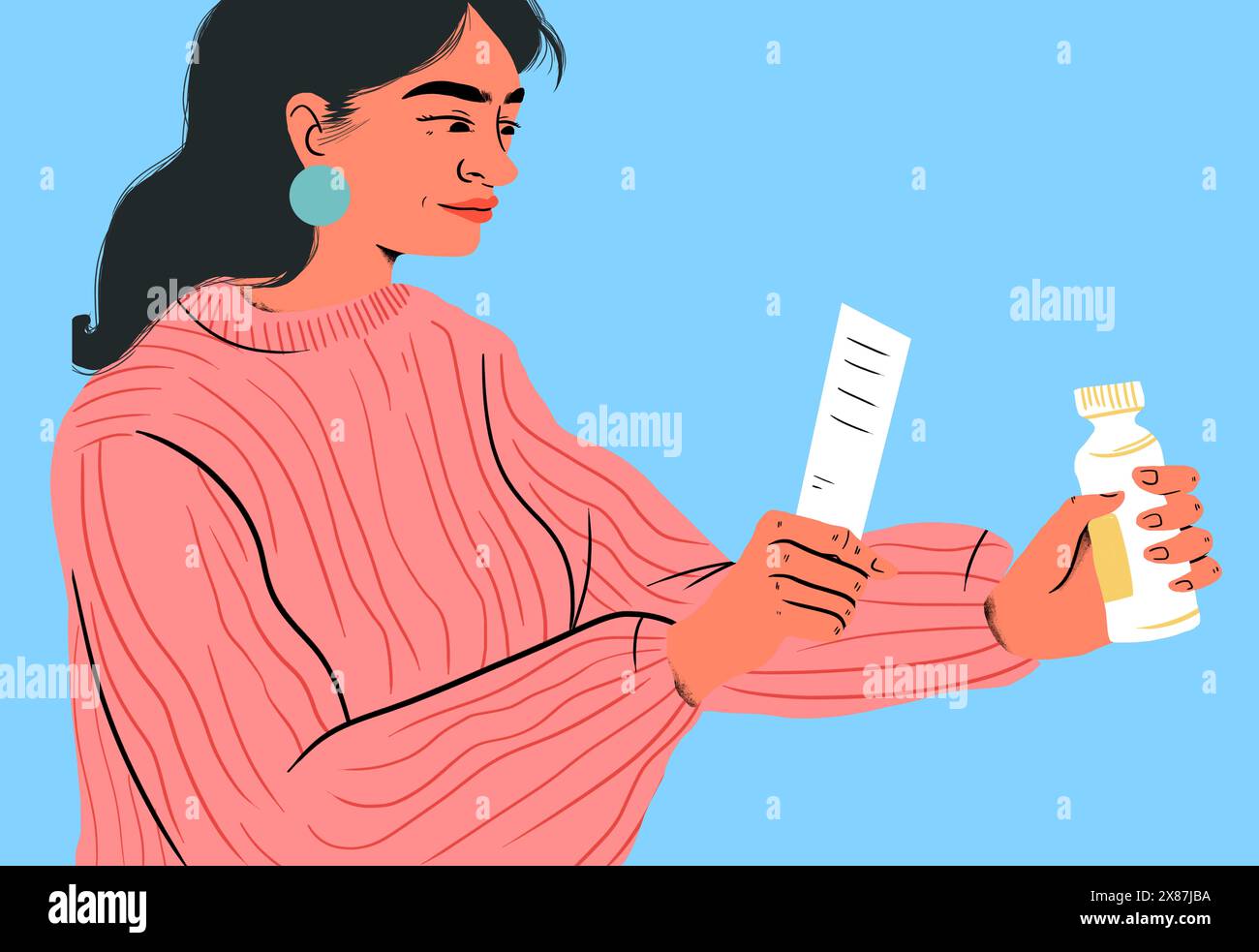 Donna sorridente che esamina la prescrizione con una bottiglia di medicina Foto Stock