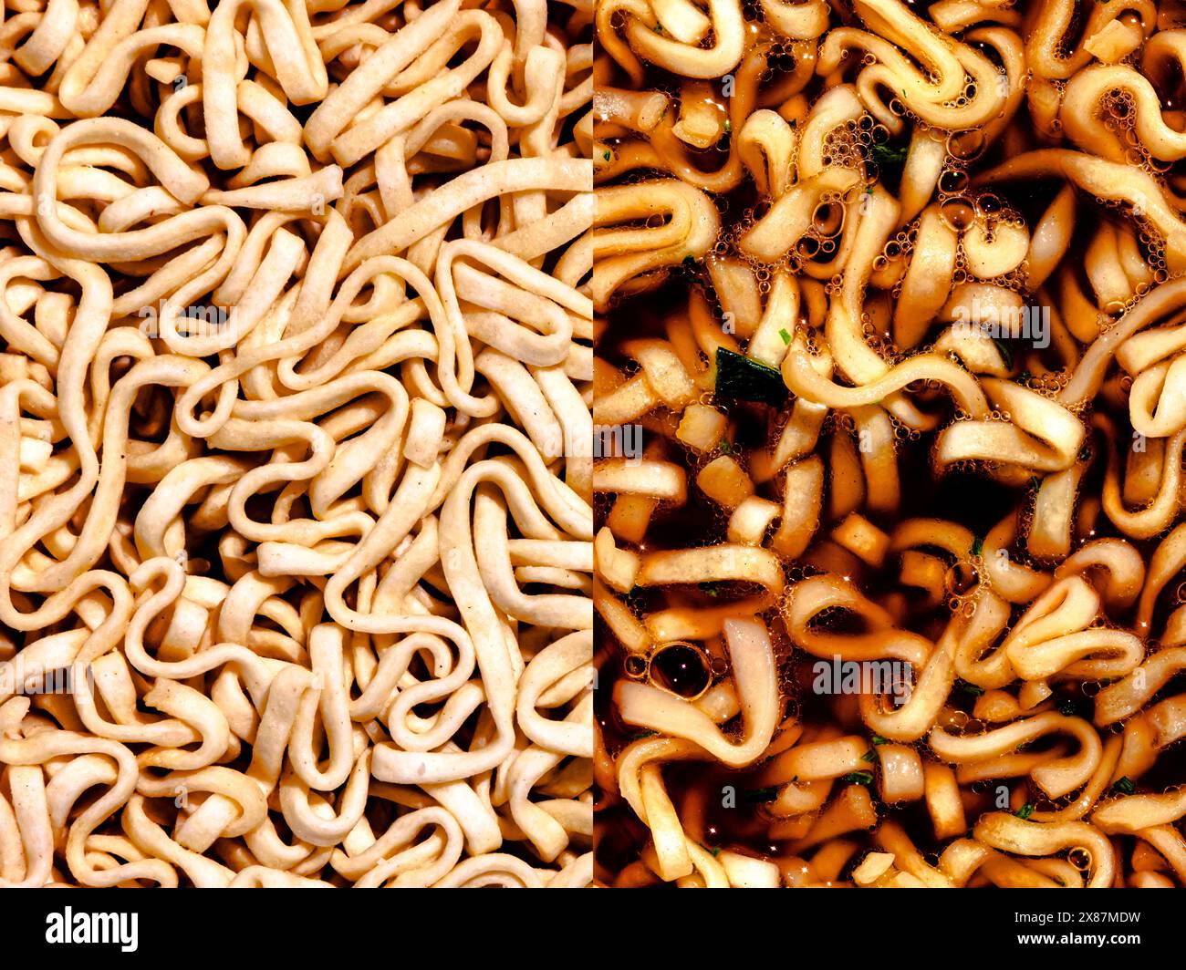 Immagine multipla di tagliatelle di ramen crude e cotte Foto Stock