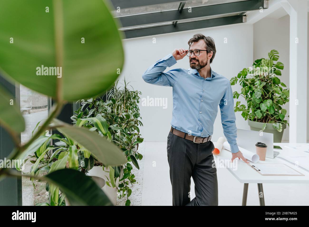 Uomo d'affari che indossa occhiali da vista e si trova vicino alle piante alla scrivania Foto Stock