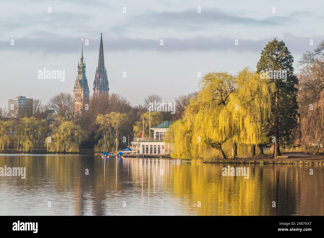 Germania, Amburgo, parco sulla riva del lago Alster all'inizio della primavera Foto Stock