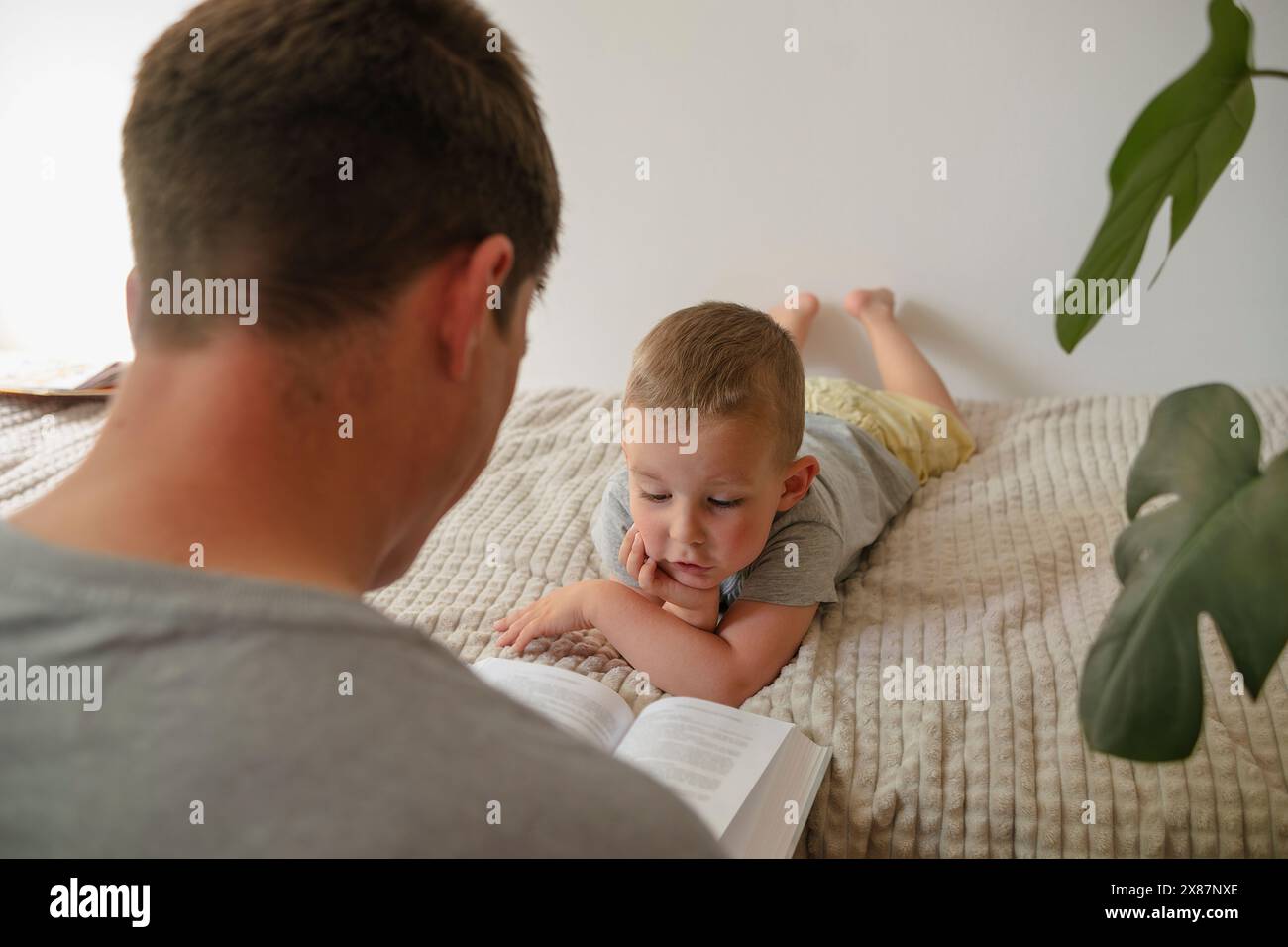 Figlio che ascolta il padre che legge un libro a casa Foto Stock