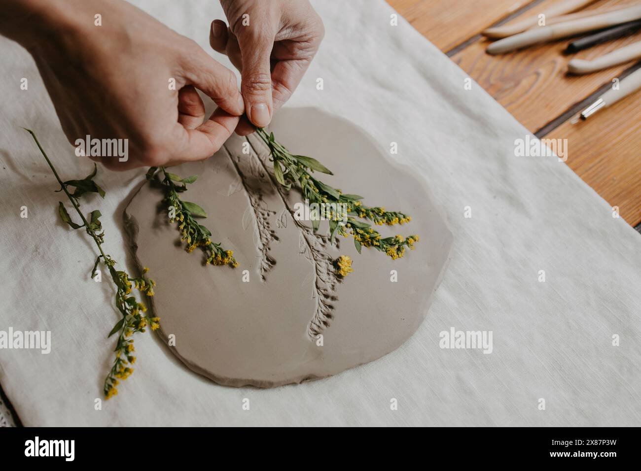 Mani di donna che imprimono fiori su argilla a casa Foto Stock