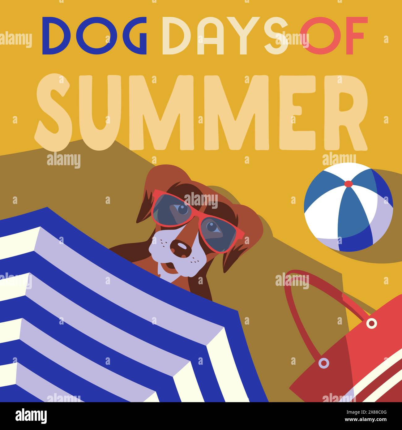 Giornate estive con i cani sulla spiaggia di sabbia marina, carino poster vettoriale. Design di fumetti. Cane con occhiali da sole rinfrescante sotto l'ombrellone. Illustrazione Vettoriale