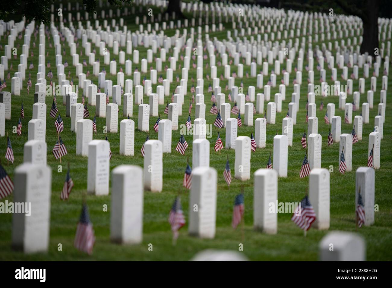 Arlington, Stati Uniti d'America. 23 maggio 2024. Arlington, Stati Uniti d'America. 23 maggio 2024. Bandiere americane allineano file di tombe di soldati caduti in onore del Memorial Day presso il cimitero nazionale di Arlington, 23 maggio 2024. Più di 1.500 membri del servizio hanno piazzato circa 260.000 bandiere in ogni tomba e colonna di nicchia al Cimitero Nazionale di Arlington durante la 76a annuale Flags in event. Credito: Elizabeth Fraser/U.S. Army/Alamy Live News Foto Stock