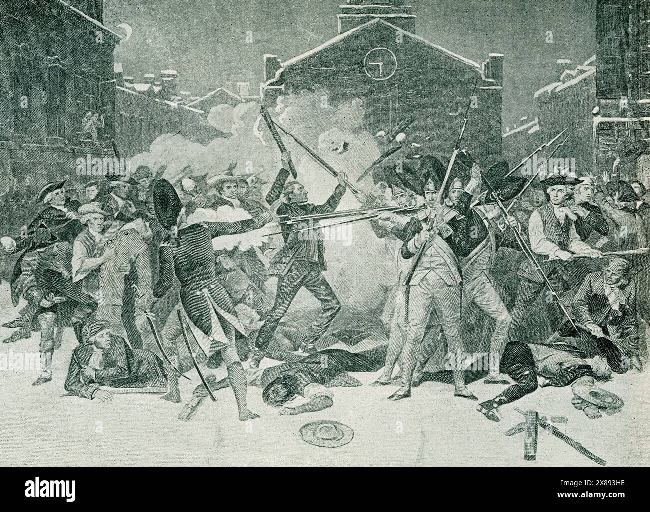 Il massacro di Boston fu un combattimento di strada avvenuto il 5 marzo 1770 tra una folla di patrioti, lanciando palle di neve, pietre e bastoni, e una squadra di soldati britannici. Diversi coloni Foto Stock
