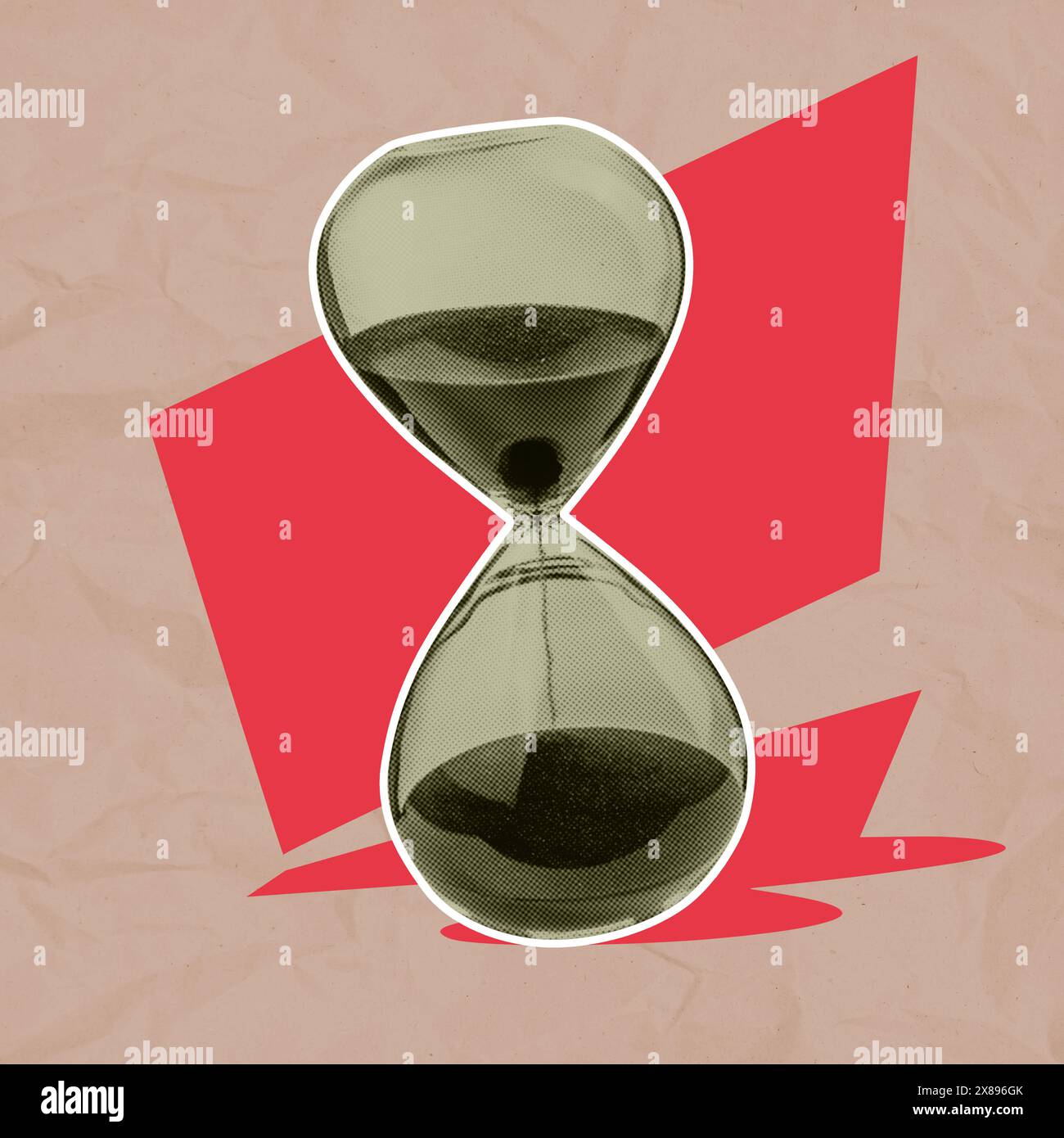 Illustrazione stilizzata di una classica clessidra con sabbia che scorre attraverso lo sfondo geometrico, astratto rosa e beige, che trasmette un senso Foto Stock