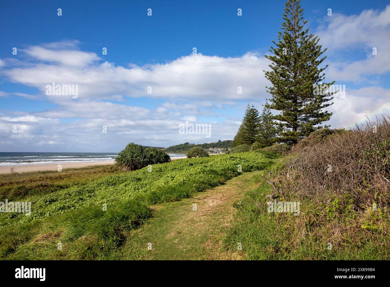 Lennox si dirige sulla costa orientale del nuovo Galles del Sud e sulla spiaggia di Seven Mile in una splendida giornata d'autunno nel 2024, sulla costa australiana. Foto Stock