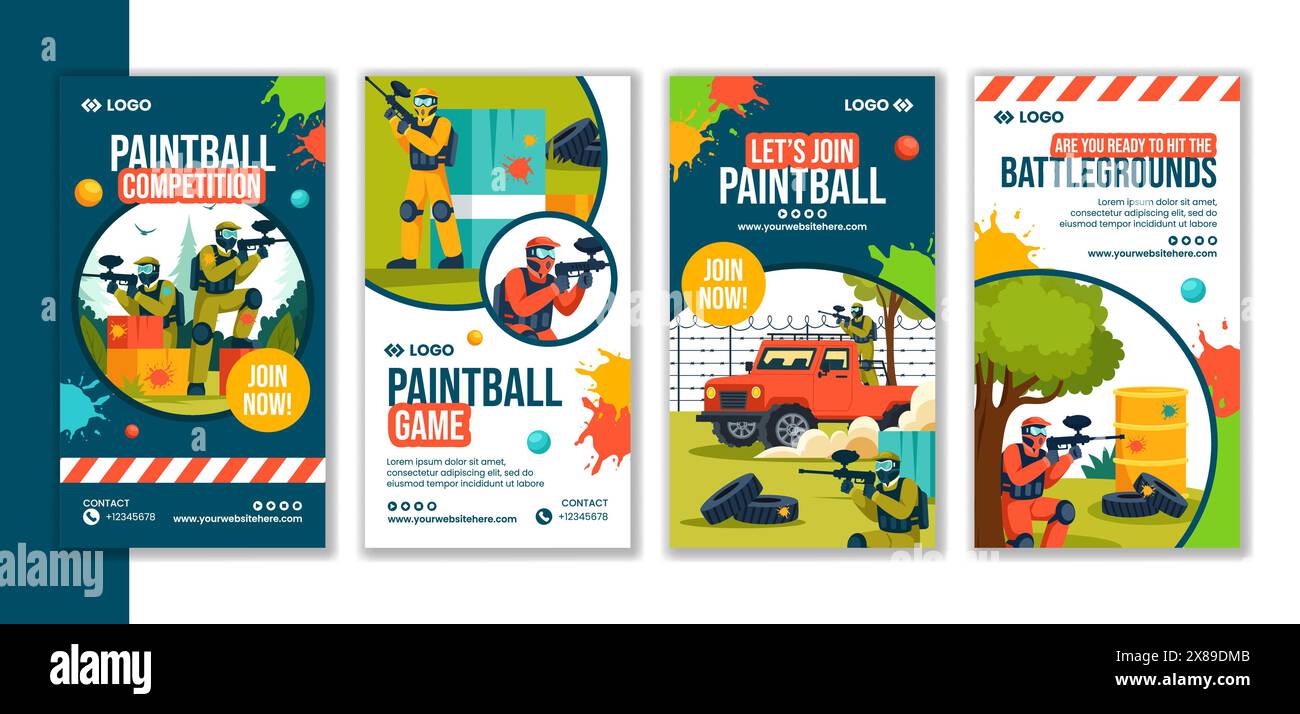 Paintball Game Social Media Stories Flat Cartoon modelli disegnati a mano illustrazione di sfondo Illustrazione Vettoriale