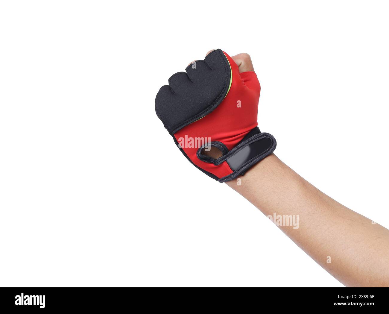 Guanti da bicicletta su sfondo bianco. Attrezzature da palestra. Fitness. Guanti da ginnastica utilizzati per proteggere le mani Foto Stock