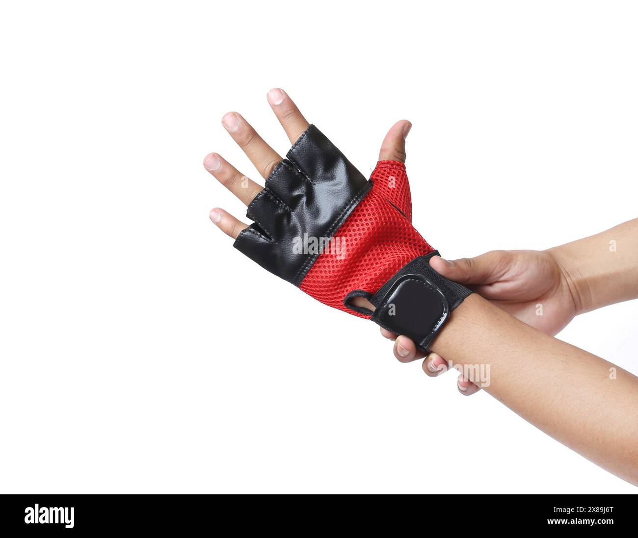 Guanti da bicicletta su sfondo bianco. Attrezzature da palestra. Fitness. Guanti da ginnastica utilizzati per proteggere le mani Foto Stock