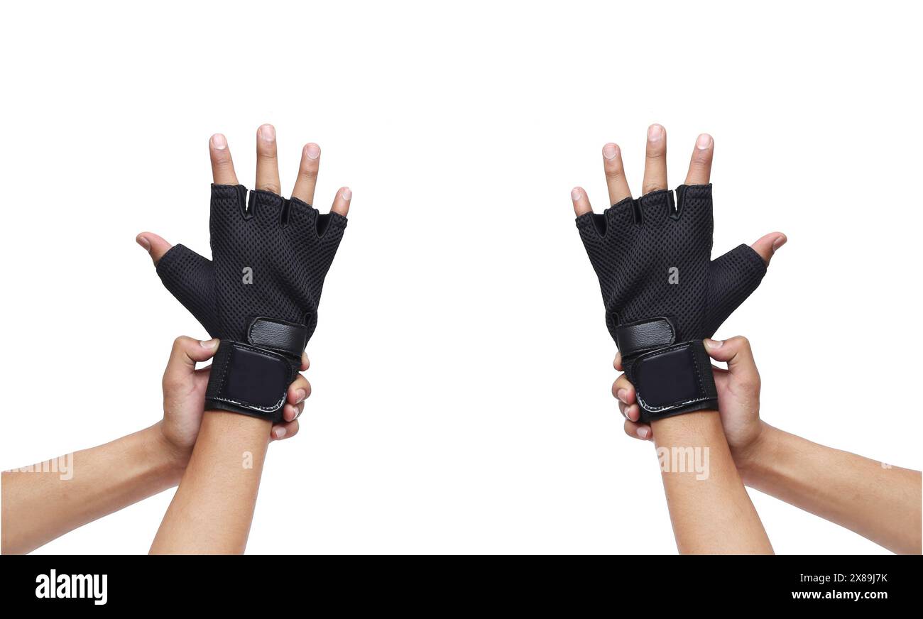 Guanti da bicicletta su sfondo bianco. Attrezzature da palestra. Fitness. Guanti da ginnastica utilizzati per proteggere le mani Foto Stock
