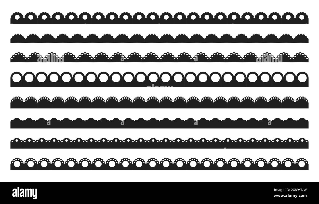 Bordo smerlato divisorio a righe sagomate nere, collezione di nastri isolata su sfondo bianco. Ornamento tradizionale semplice con cerchi e nastro ricamato. Illustrazione vettoriale Illustrazione Vettoriale