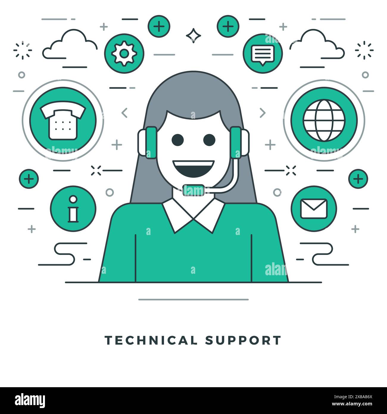Illustrazione del vettore con linea piatta. Icone di traccia lineare sottile moderna. Grafica intestazione sito Web, banner, progettazione infografica, materiali promozionali. Tecnico Illustrazione Vettoriale