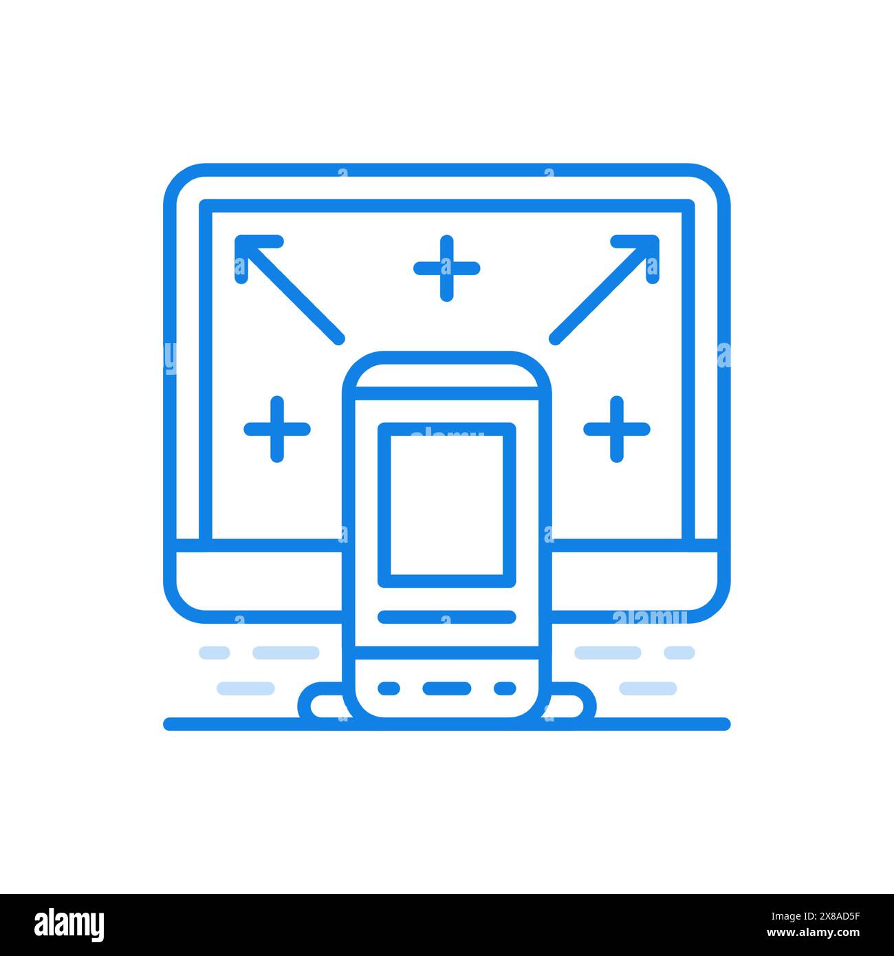 Icona della linea vettoriale per il trasferimento di file da dispositivi elettronici. Tecnologia online per il caricamento delle informazioni utente tra gadget intelligenti. Smartphone in background Illustrazione Vettoriale