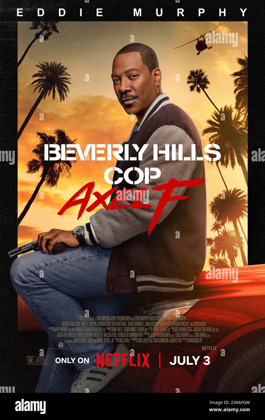 Beverly Hills Cop: Axel F (2024) diretto da Mark Molloy e interpretato da Joseph Gordon-Levitt, Eddie Murphy e Kevin Bacon. Axel Foley torna a Beverly Hills dopo che sua figlia è stata minacciata per una riunione di famiglia che include i vecchi amici John Taggart e Billy Rosewood per scoprire una cospirazione. Poster di un foglio USA.***SOLO PER USO EDITORIALE*** credito: BFA / Netflix Foto Stock