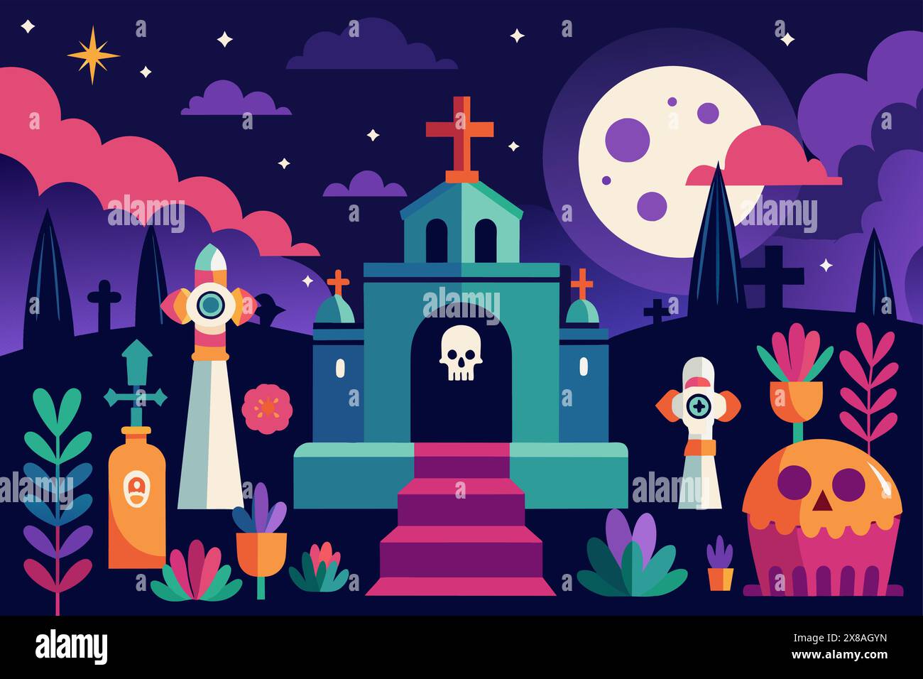 Cimitero natalizio con croci e candele di notte. Cimitero colorato con fiori e chiaro di luna. Concetto di giorno dei morti, dia de los Muerto Illustrazione Vettoriale