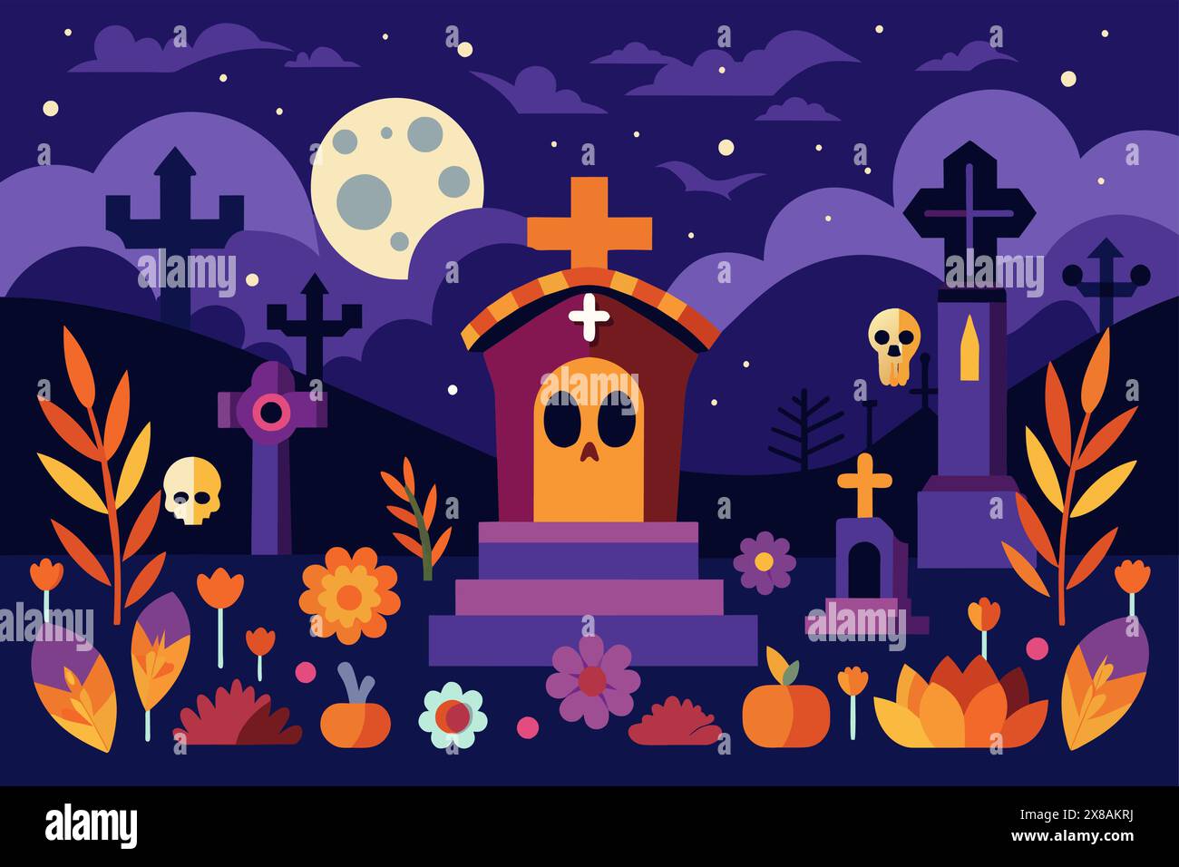 Cimitero natalizio con croci e candele di notte. Cimitero colorato con fiori e chiaro di luna. Concetto di giorno dei morti, dia de los Muerto Illustrazione Vettoriale