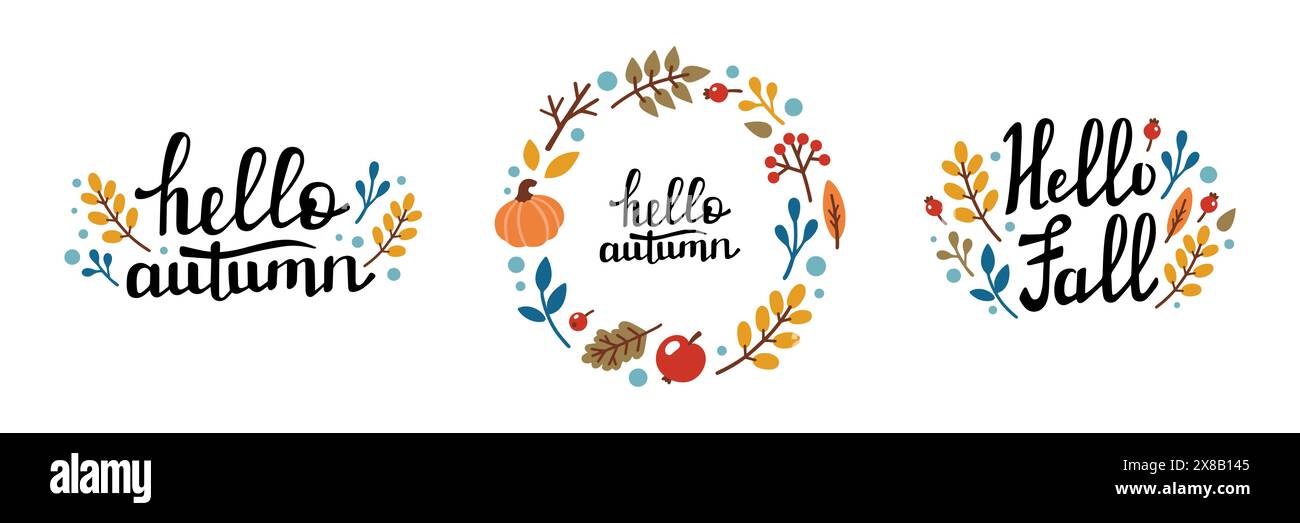 Cornice rotonda decorativa autunnale, modello con elementi autunnali: Foglie, ramoscelli, ghiande, bacche e scritte HELLO AUTUNNO. Illustrazione vettoriale disegnata a mano in stile Doodle. Set di lettere autunnali Illustrazione Vettoriale