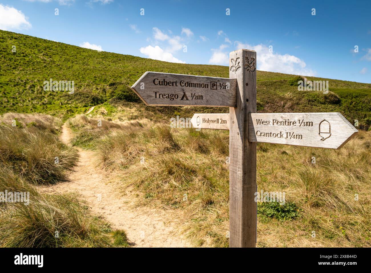 Un cartello in legno sul sentiero della costa sud-occidentale che fornisce indicazioni per vari luoghi sulla costa di Newquay in Cornovaglia nel Regno Unito. Foto Stock