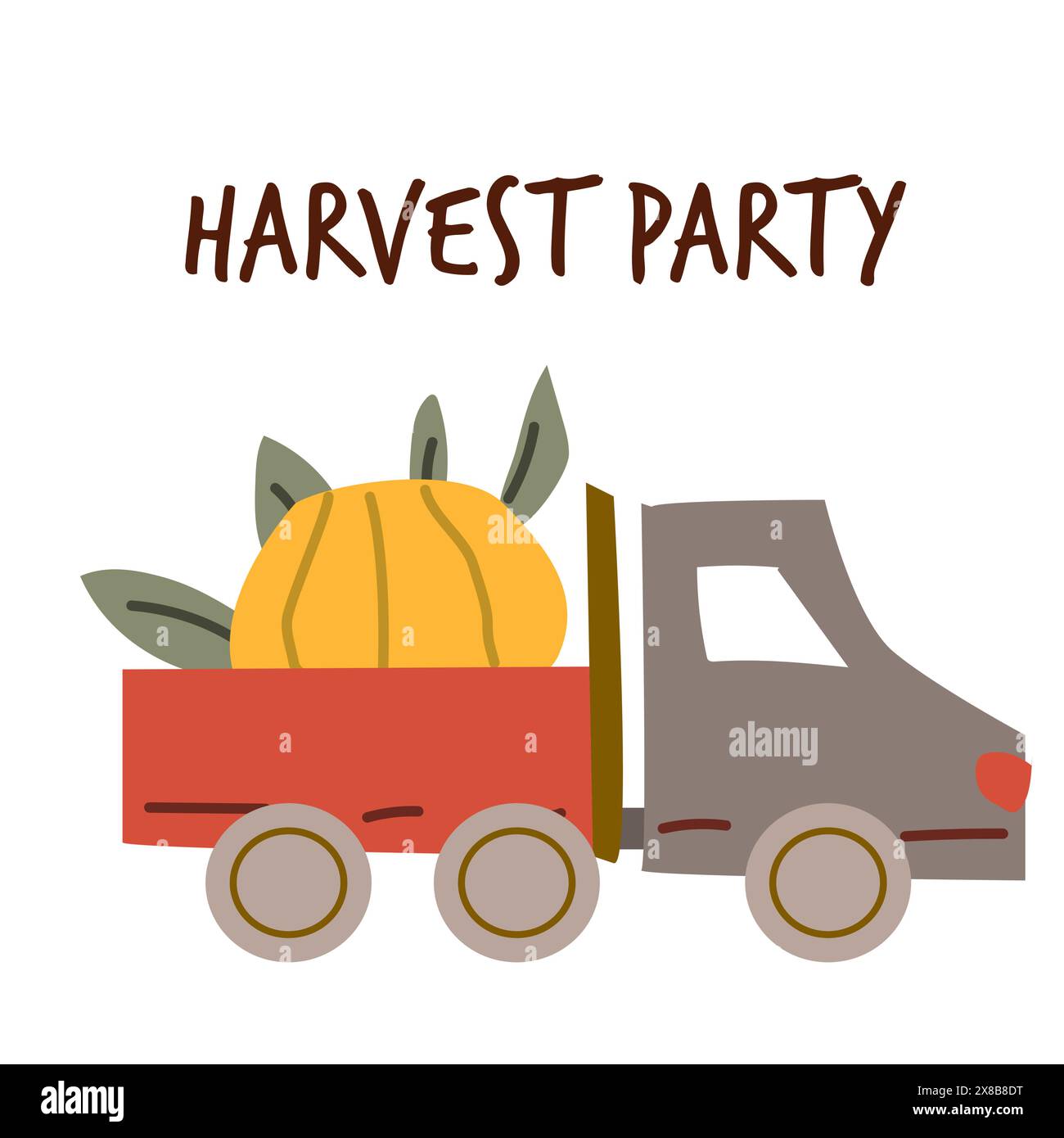 Il giorno del ringraziamento del festival autunnale fa da sfondo a un veicolo. Design da festa per il raccolto autunnale. Banner, bordo o biglietto di auguri per il giorno del Ringraziamento. Illustrazione Vettoriale