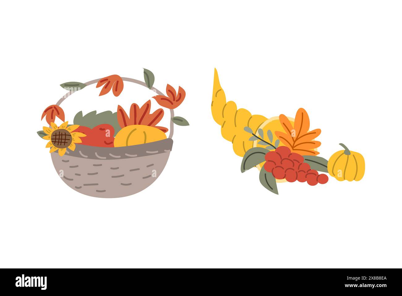 Festa autunnale del giorno del ringraziamento elementi di sottofondo con verdure. Design da festa per il raccolto autunnale. Banner, bordo o biglietto di auguri per il giorno del Ringraziamento. Illustrazione Vettoriale