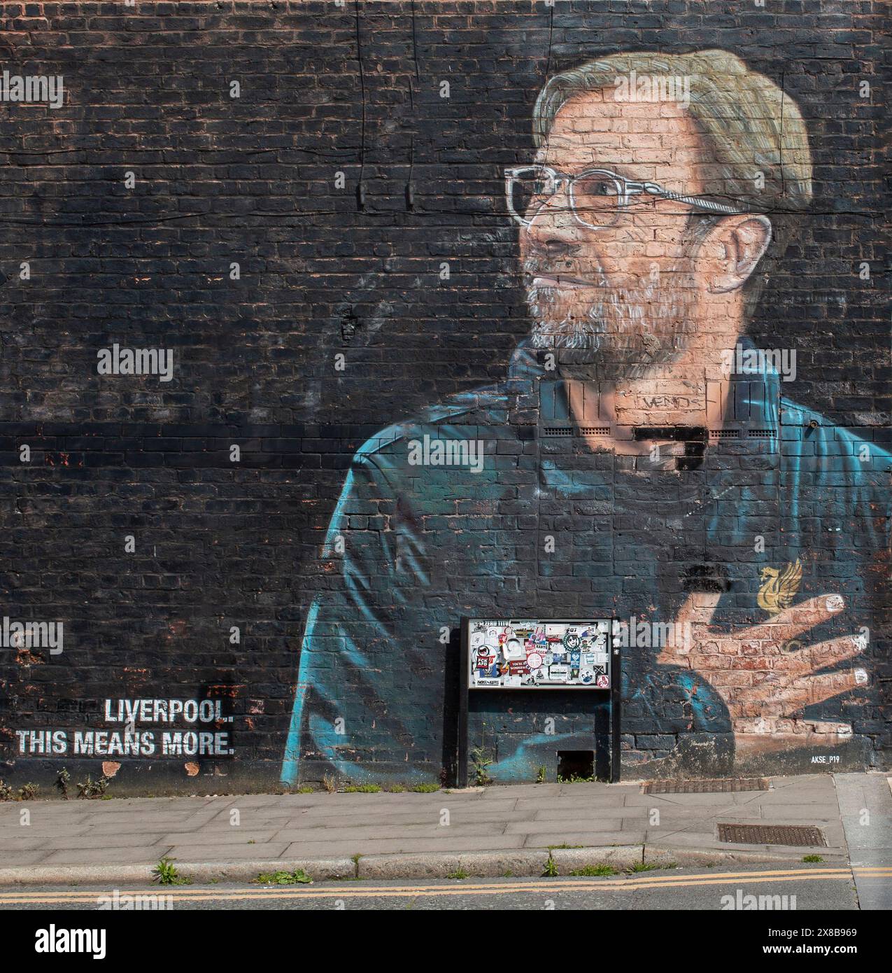 Jurgen Klopp street art, Jamaica Street, Baltic Triangle, Liverpool, Merseyside England, Regno Unito Foto Stock