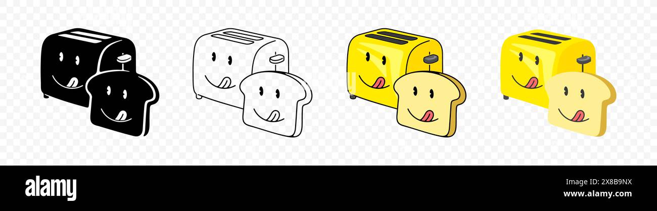 Tostapane e brindisi personaggio dei cartoni animati, design grafico. Cibo, pasto, elettrodomestici e utensili da cucina, design vettoriale e illustrazione Illustrazione Vettoriale