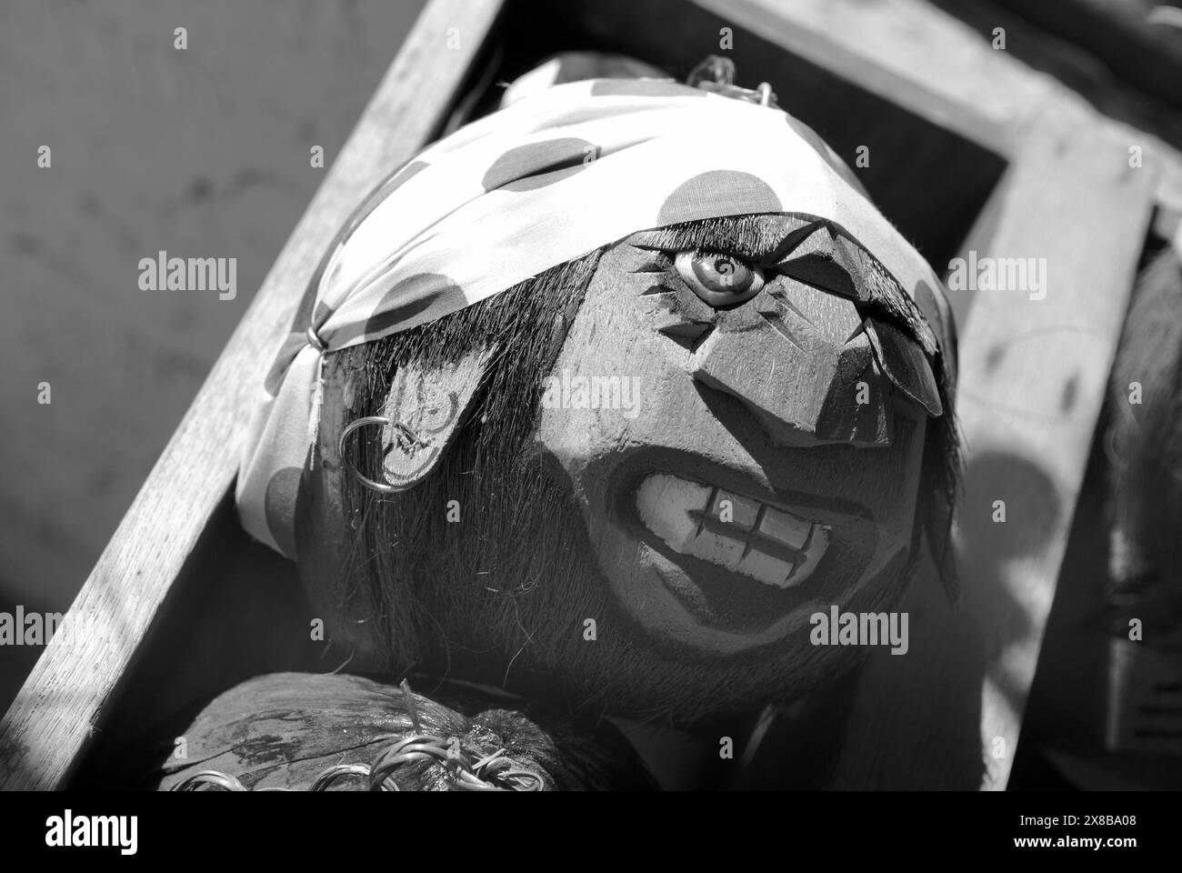 Arte del cocco a testa pirata in St. George Street a St. Augustine, Florida, Stati Uniti. Foto Stock