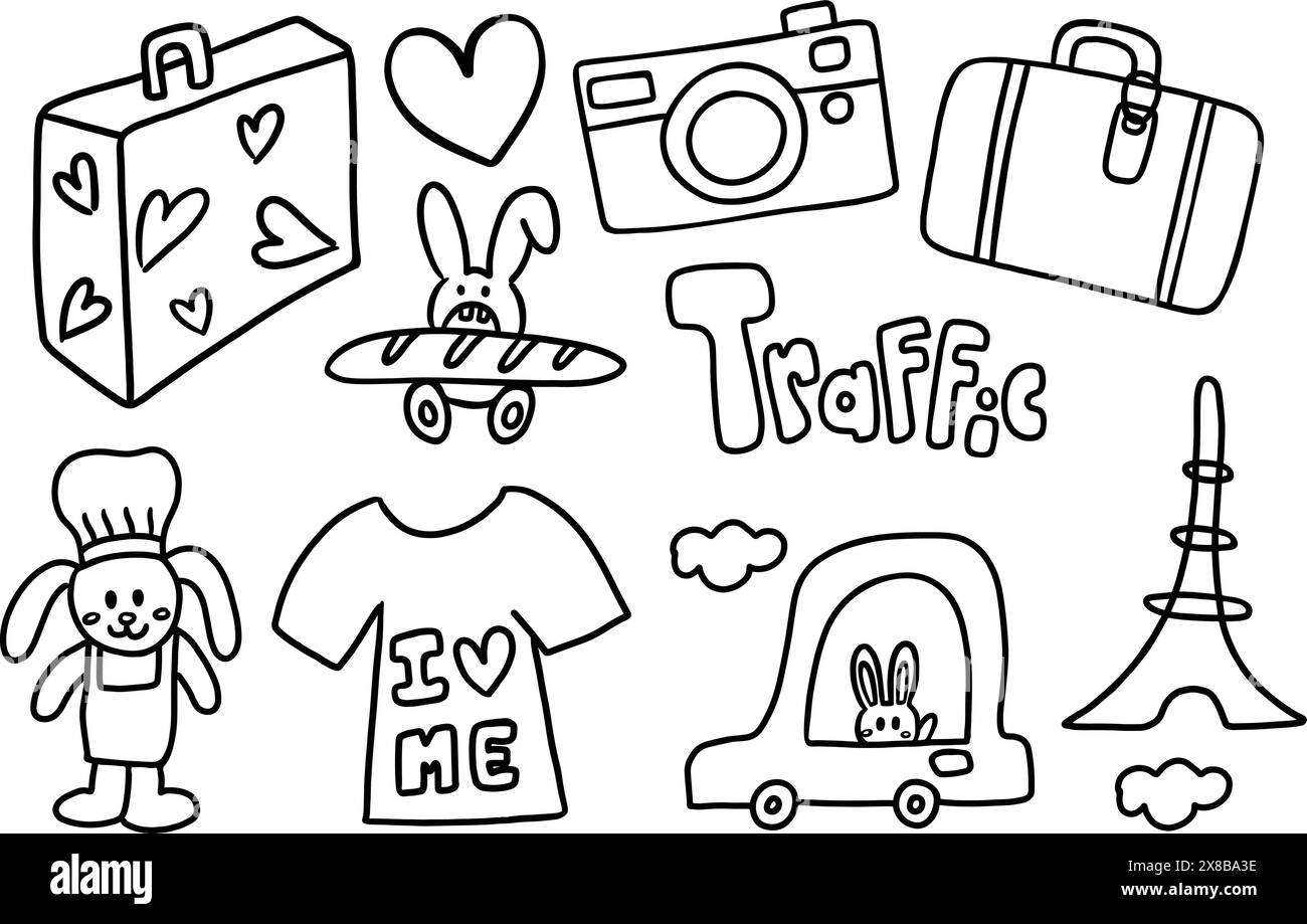 Illustrazioni di viaggio disegnate a mano come valigie, borse, macchine fotografiche, souvenir, auto, Torre Eiffel, bambola coniglietta per viaggio, libro da colorare, vacanza, annunci pubblicitari Illustrazione Vettoriale