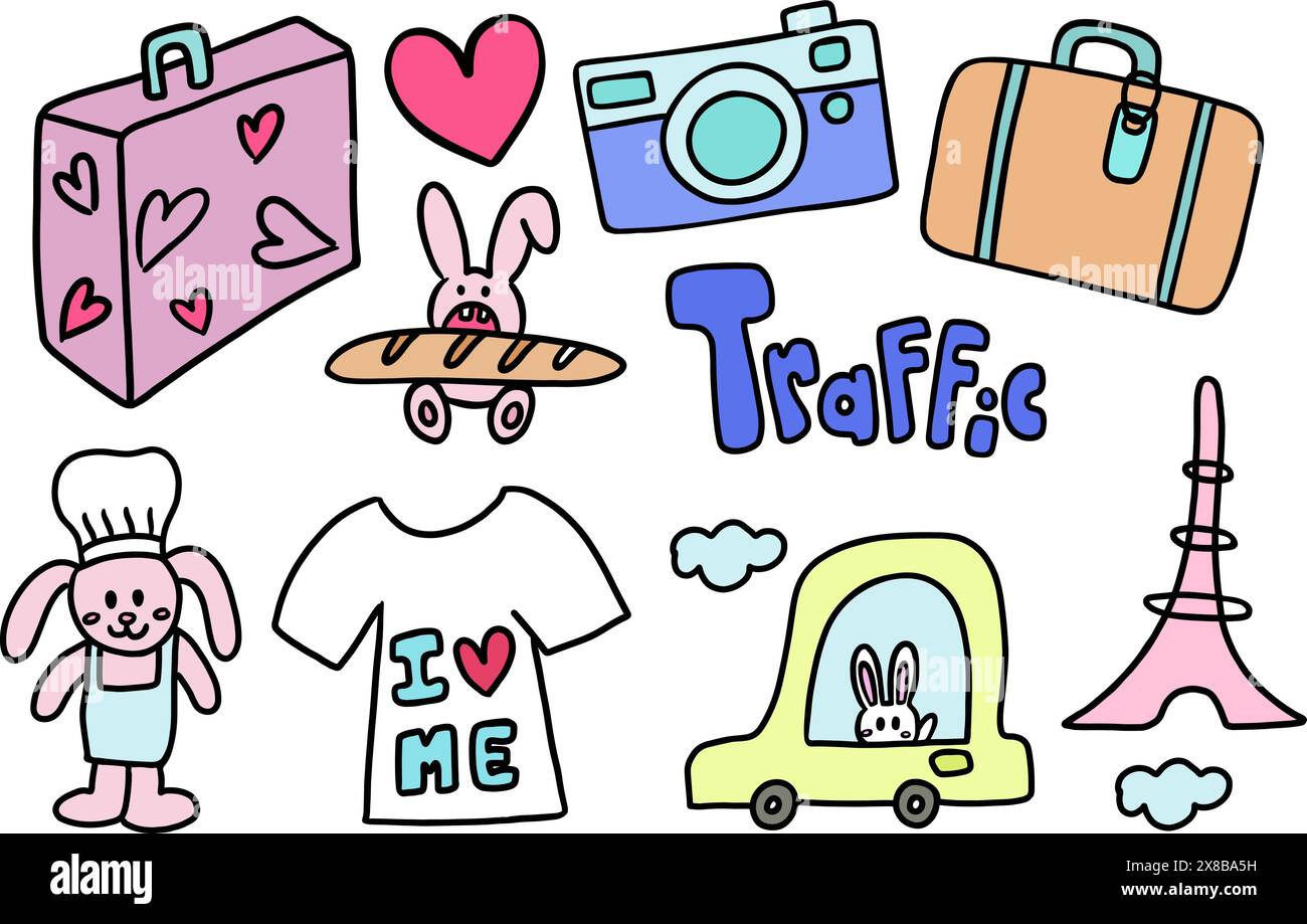 Illustrazioni di viaggio disegnate a mano, come valigie, borsa, macchina fotografica, souvenir, auto, Torre Eiffel, bambola coniglietta per viaggio, vacanza, viaggio, vacanze, adesivi Illustrazione Vettoriale