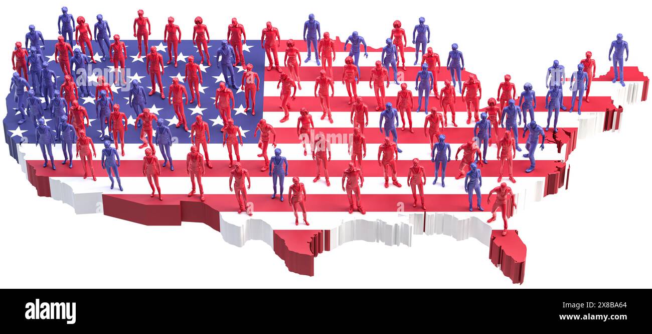 Concept US Elections - stati blu e rossi. Caratteri rossi e blu su una mappa degli Stati Uniti d'America con. Bandiera DEGLI STATI UNITI. Fondo bianco puro Foto Stock