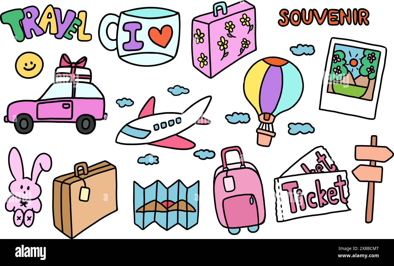 Illustrazioni di viaggio disegnate a mano come valigie, borse, souvenir, auto, polaroid, mongolfiera, mappa, aereo, tazza, bambola coniglietto per viaggio, vacanza, viaggio, icone Illustrazione Vettoriale