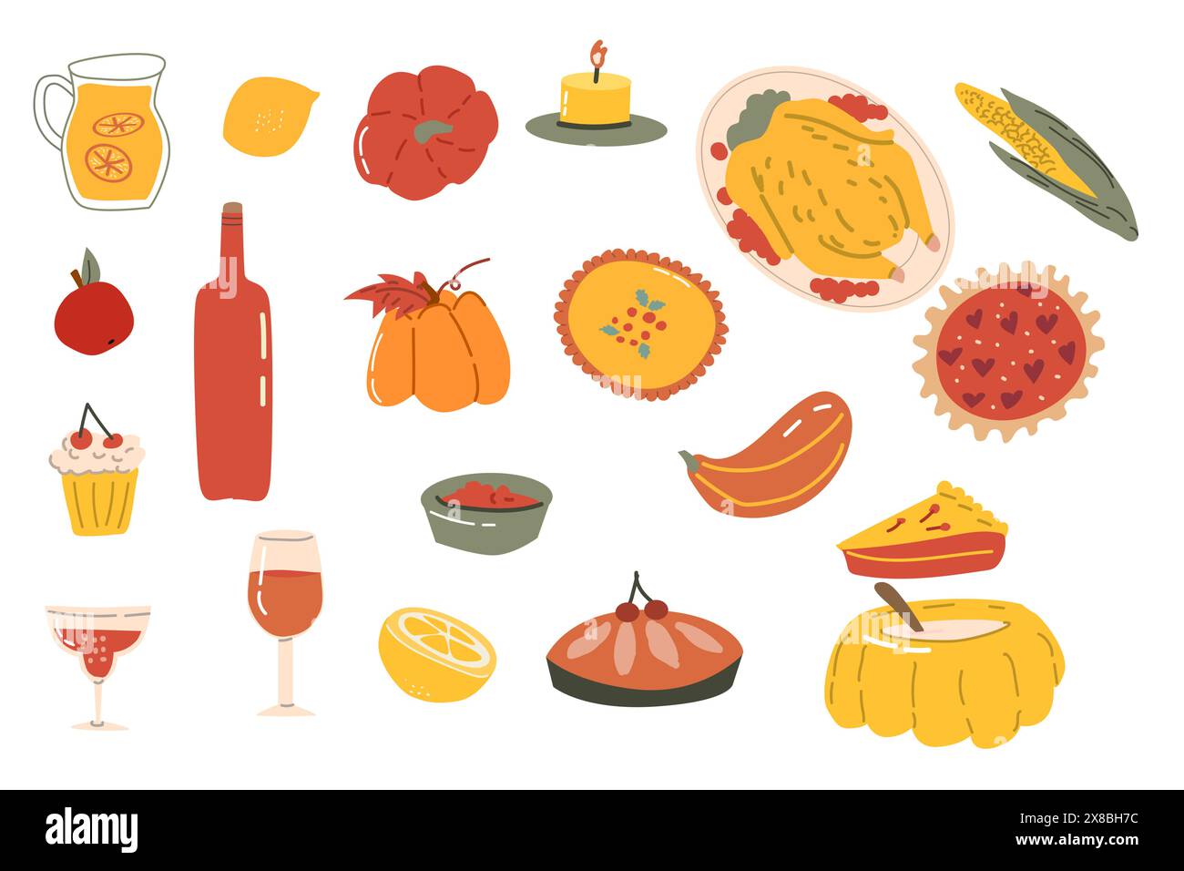 Elementi per il Ringraziamento autunnale con icone di raccolta. Collezione di foglie autunnali, adesivi, personaggi animali e tacchino, cornucopia. Hand dra Illustrazione Vettoriale