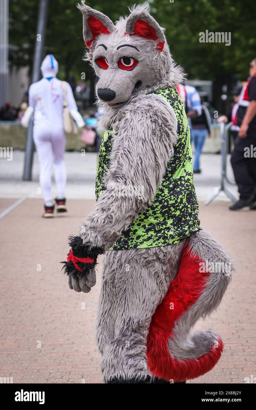 Londra, Regno Unito. 24 maggio 2024. E' ora di passare la spalla. I partecipanti camminano e si mettono in posa nei loro costumi. MCM Comic con torna all'Excel di Londra questo fine settimana. Cosplayer, fan di anime, fumetti, giochi e film si riuniscono per questo grande evento di tre giorni dal 24-26 maggio. Crediti: Imageplotter/Alamy Live News Foto Stock