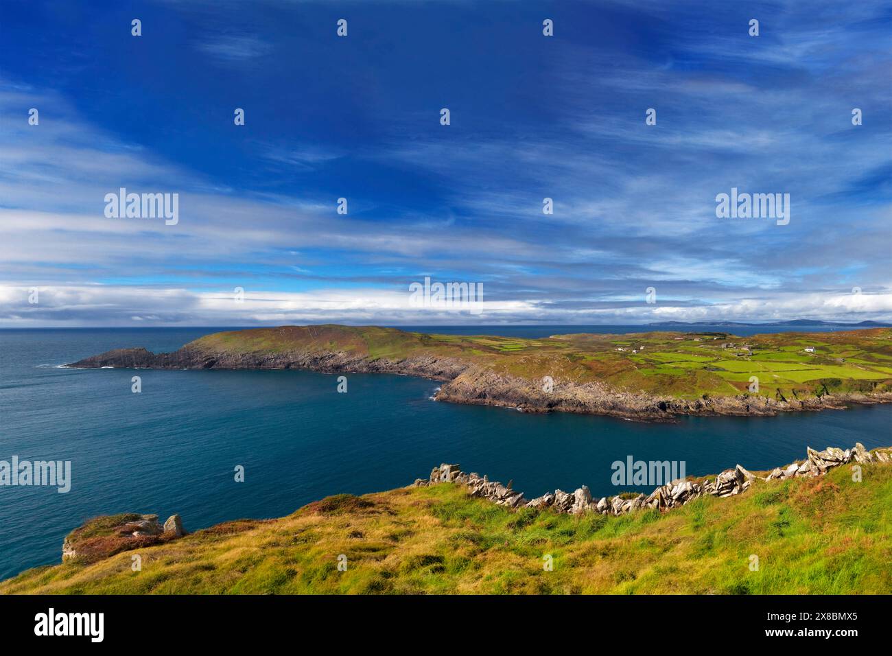 Muri e campi di pietra sopra South Harbour a Cape Clear, un'isola di lingua irlandese (Gaeltacht) al largo della costa della contea di Cork, Irlanda. Foto Stock