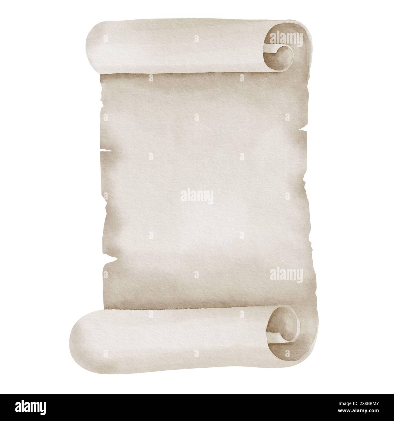 Antico nastro di papiro ad acquerello. Illustrazione disegnata a mano di scorrimento. Disegno di un manoscritto vintage vuoto per il testo. Modello con striscione retrò nei colori pastello beige e marrone. Carta in rotoli. Foto Stock