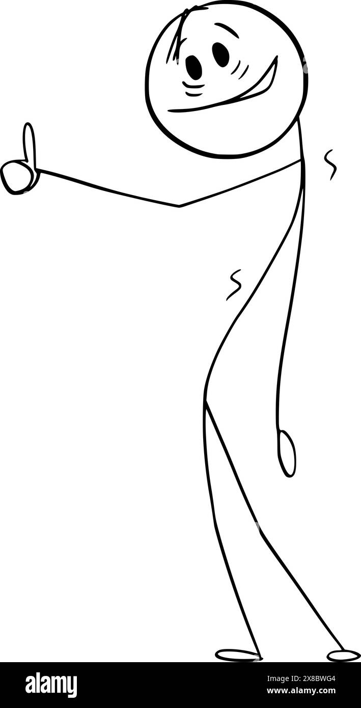 Persona ubriaca sorridente che mostra gesti con il pollice verso l'alto, una figura vettoriale a bastone di cartoni animati o un'illustrazione del personaggio. Illustrazione Vettoriale