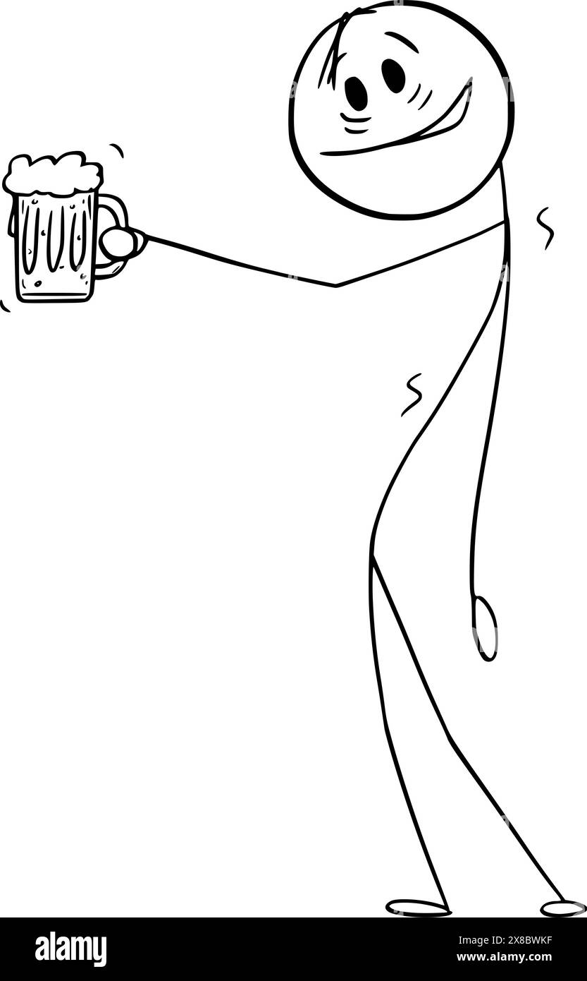 Persona ubriaca sorridente che regge un bicchiere di birra, un personaggio vettoriale o un'illustrazione del personaggio. Illustrazione Vettoriale