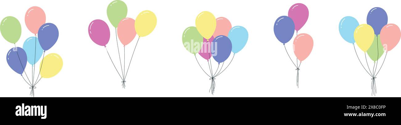 Icona del palloncino con i colori rosso e blu. Corda e contorno semplici. Palloncini rotondi per la festa di compleanno. Illustrazione vettoriale piatta su sfondo bianco Illustrazione Vettoriale