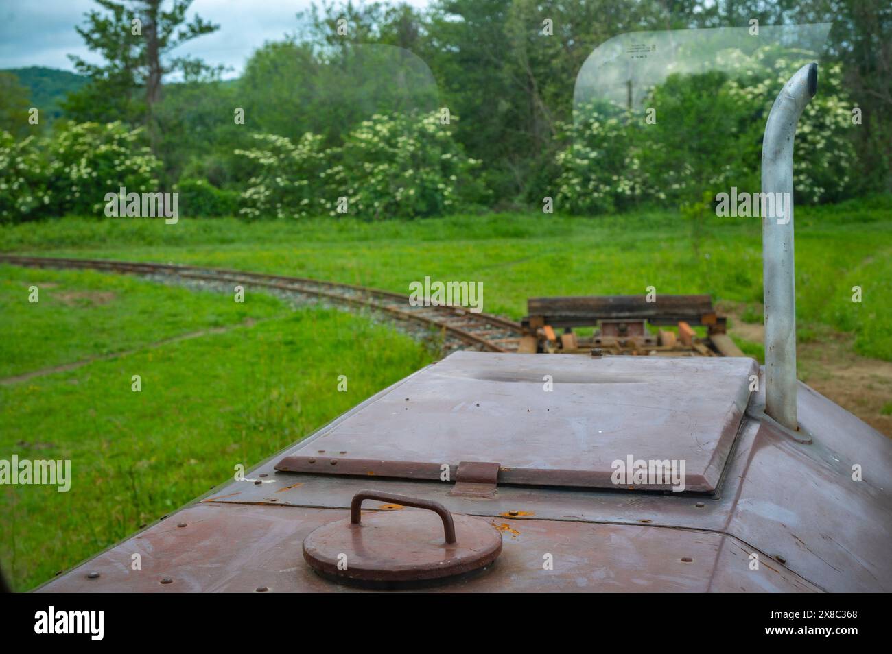 vista dalla finestra di una vecchia locomotiva Foto Stock