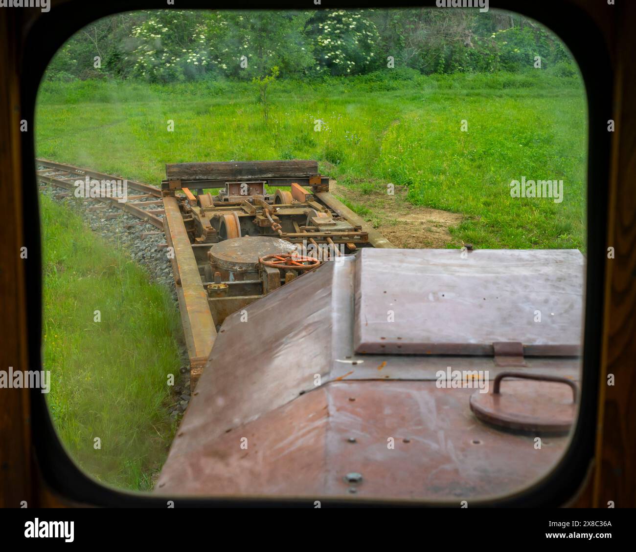 vista dalla finestra di una vecchia locomotiva Foto Stock