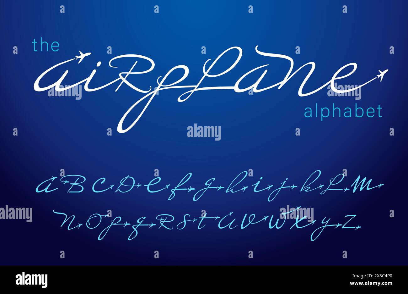 Alfabeto di volo aereo. Font creativi per il logo del residence, il concetto di compagnia aerea o l'insegna delle vacanze. Illustrazione vettoriale Illustrazione Vettoriale