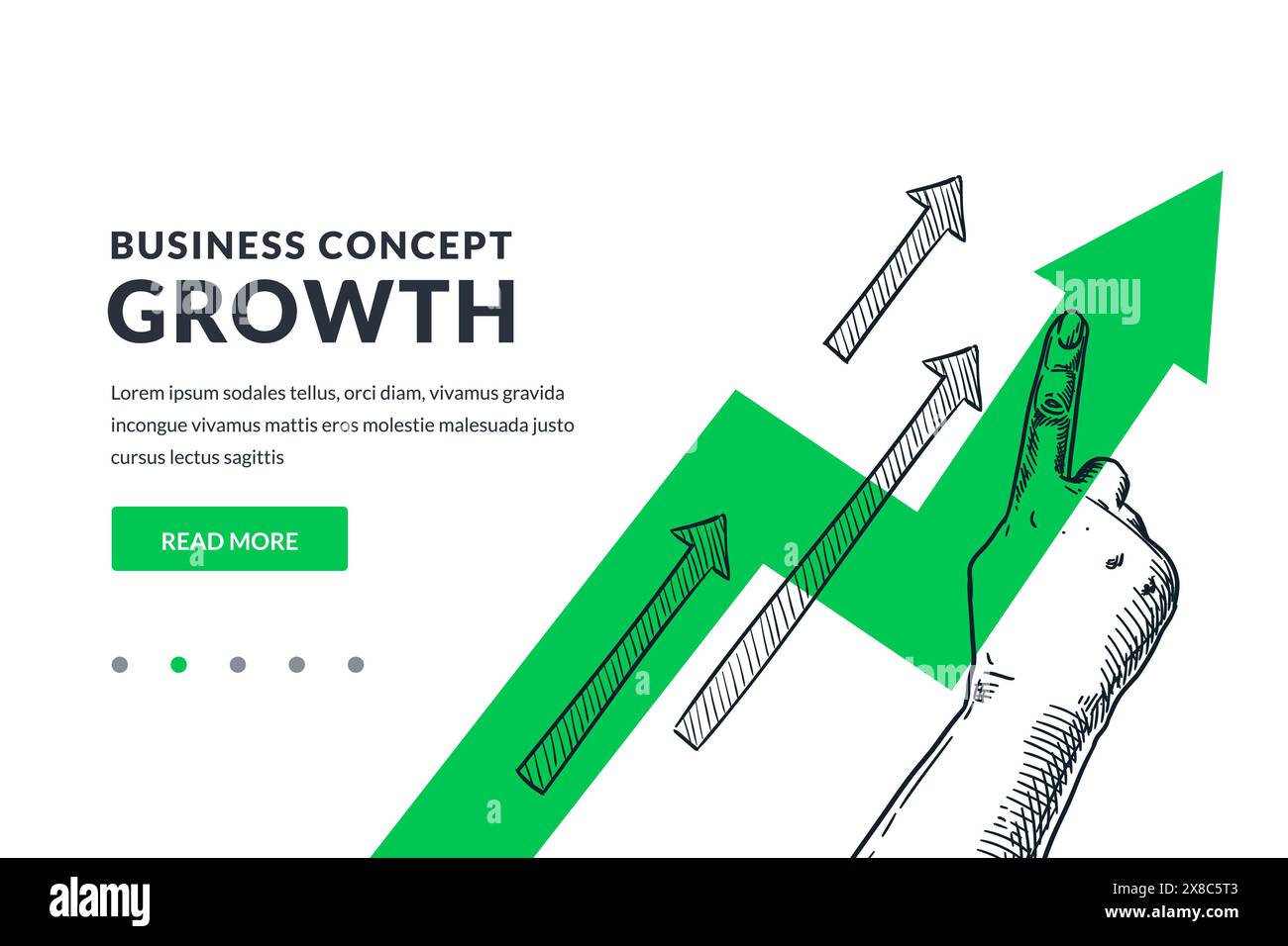 Mano con il dito puntato su sfondo verde con freccia in crescita. Illustrazione dello schizzo vettoriale disegnata a mano. Sviluppo, investimenti, crescita finanziaria Illustrazione Vettoriale