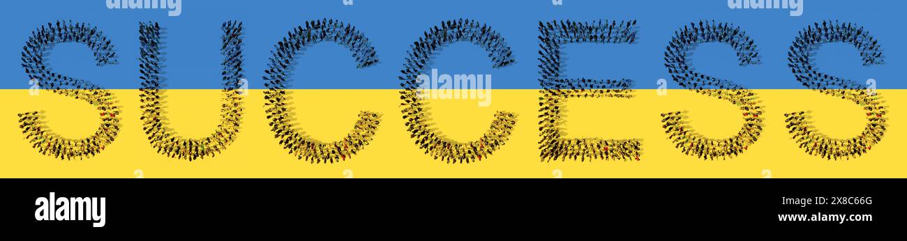 Grande comunità concettuale di persone che formano parola di SUCCESSO sulla bandiera Ucraina. metafora dell'illustrazione 3d per determinazione, resilienza, patriottismo Foto Stock