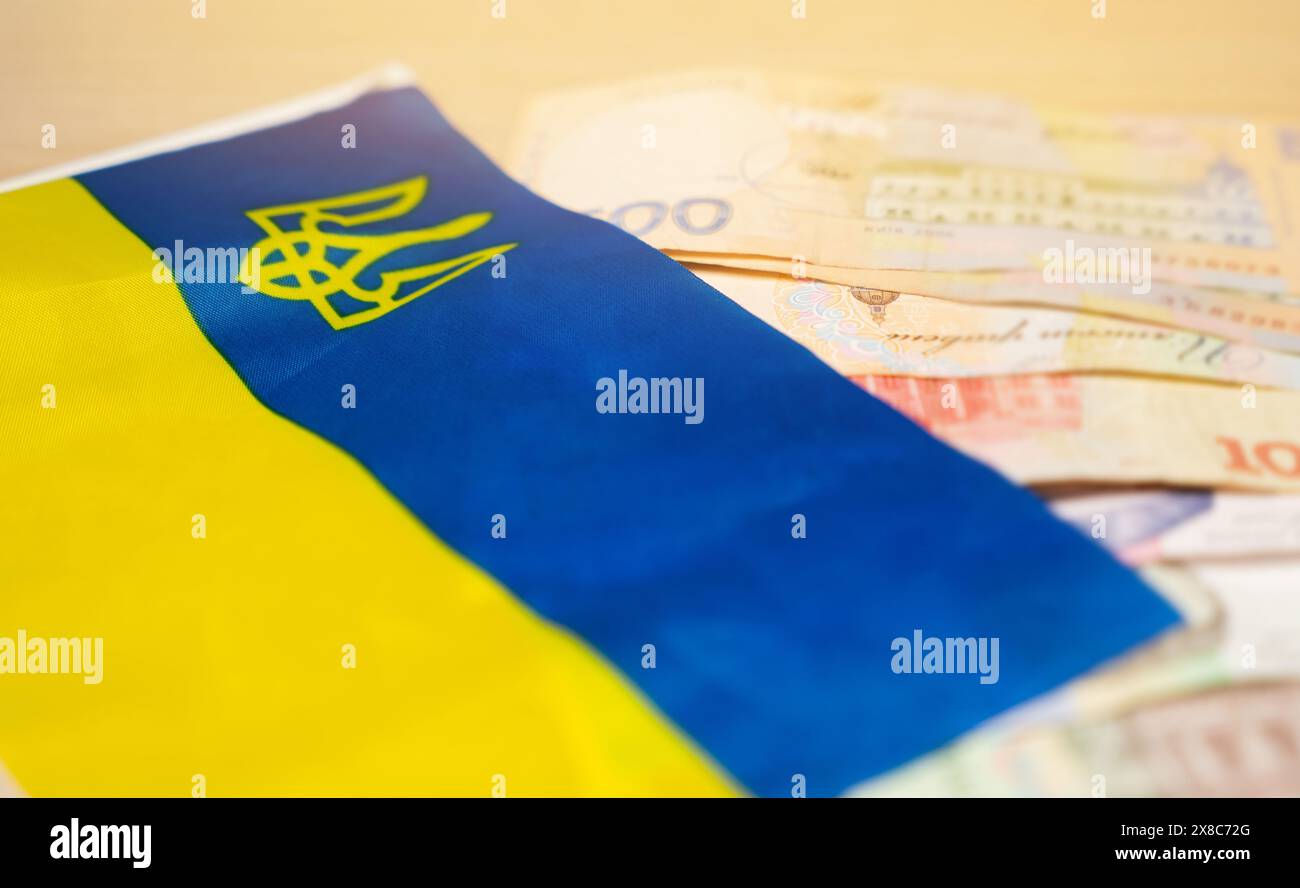 Bandiera sull'hryvnia Ucraina. Il concetto di bilancio dell'Ucraina e la situazione finanziaria ed economica. Messa a fuoco sfocata e selettiva Foto Stock