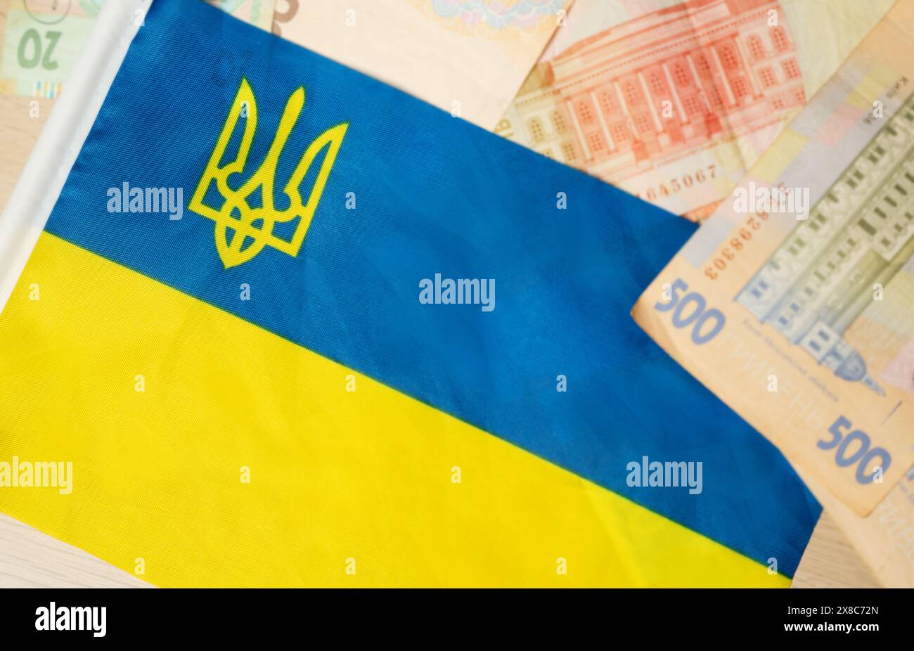 Bandiera sull'hryvnia Ucraina. Il concetto di bilancio dell'Ucraina e la situazione finanziaria ed economica. Messa a fuoco sfocata e selettiva Foto Stock