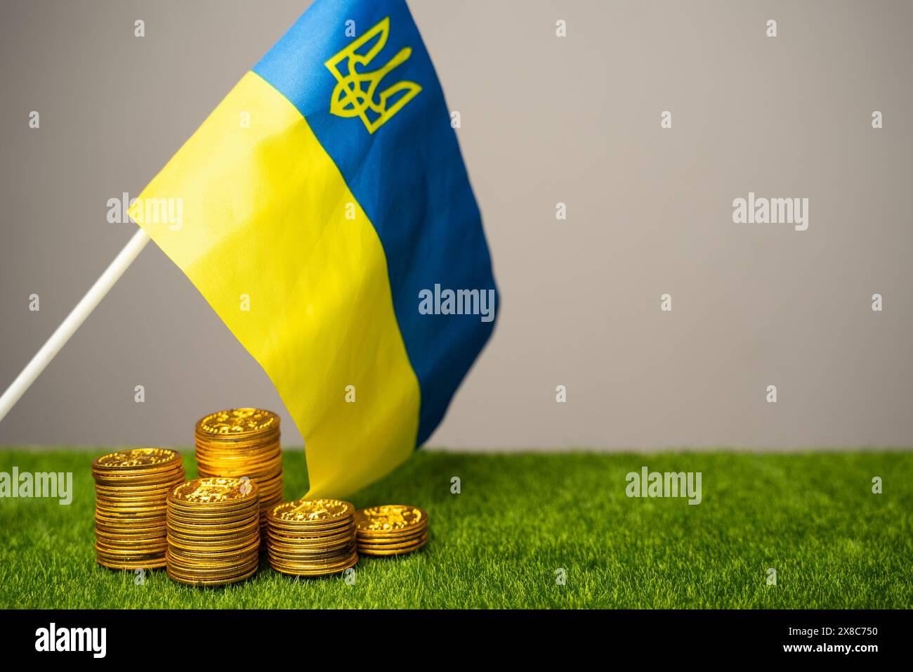 Una pila di monete vicino alla bandiera Ucraina. Il concetto di bilancio dell'Ucraina e la situazione finanziaria del paese. Soldi, investimenti e donat Foto Stock