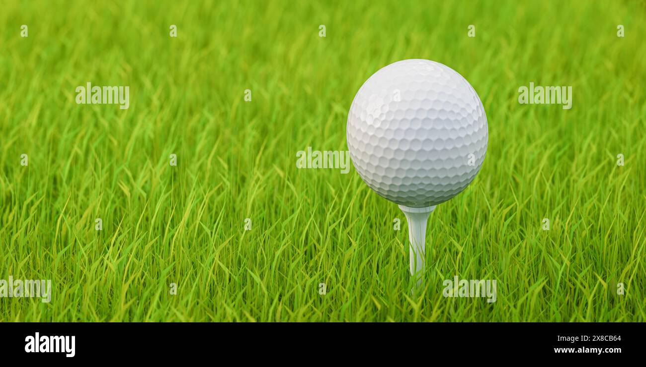 Una palla da golf su un tee da golf su un prato. Messa a fuoco selettiva, bassa profondità di campo. Copia spazio. Foto Stock